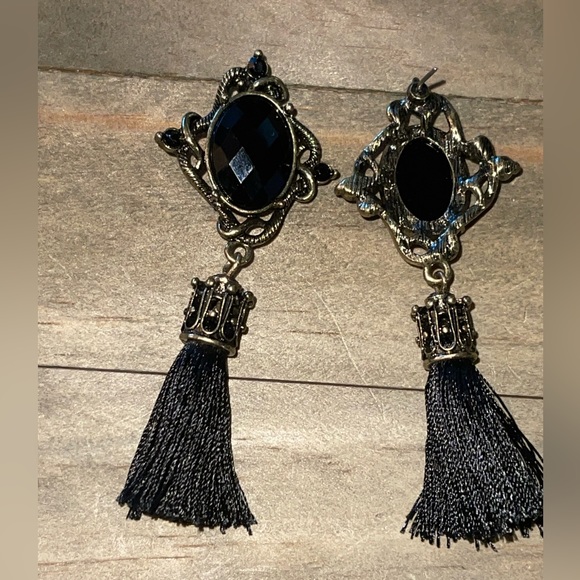 Tassel Long Fringe Drop, Black, Antique Gold Bohemian, Victorian Earrings - Picture 9 of 10